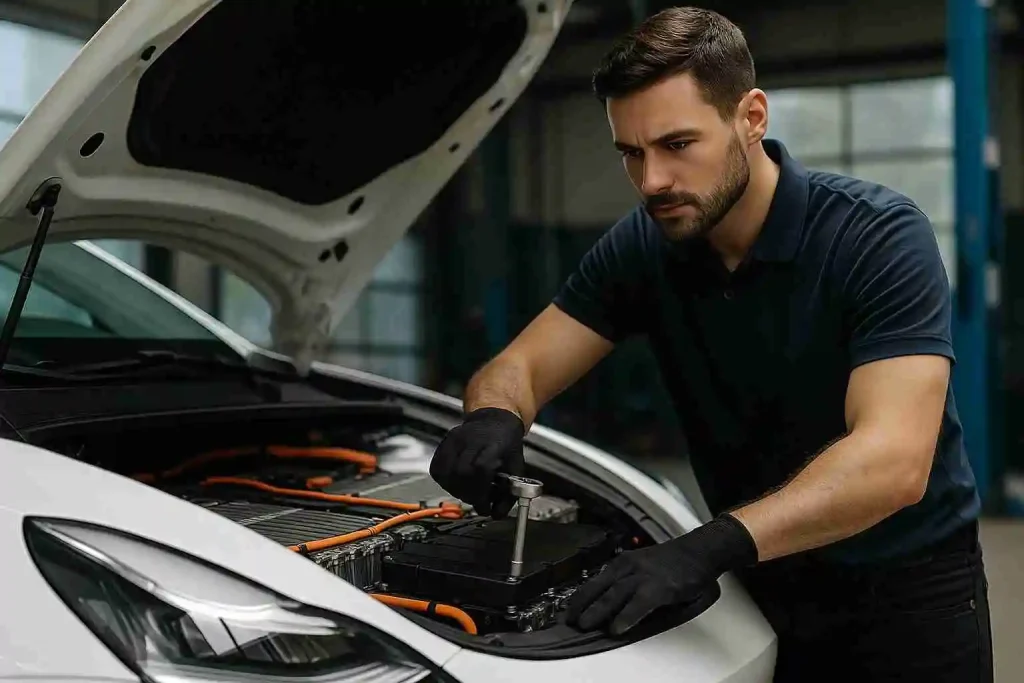 A man performs maintenance on an electric car battery, highlighting essential care for EV owners.