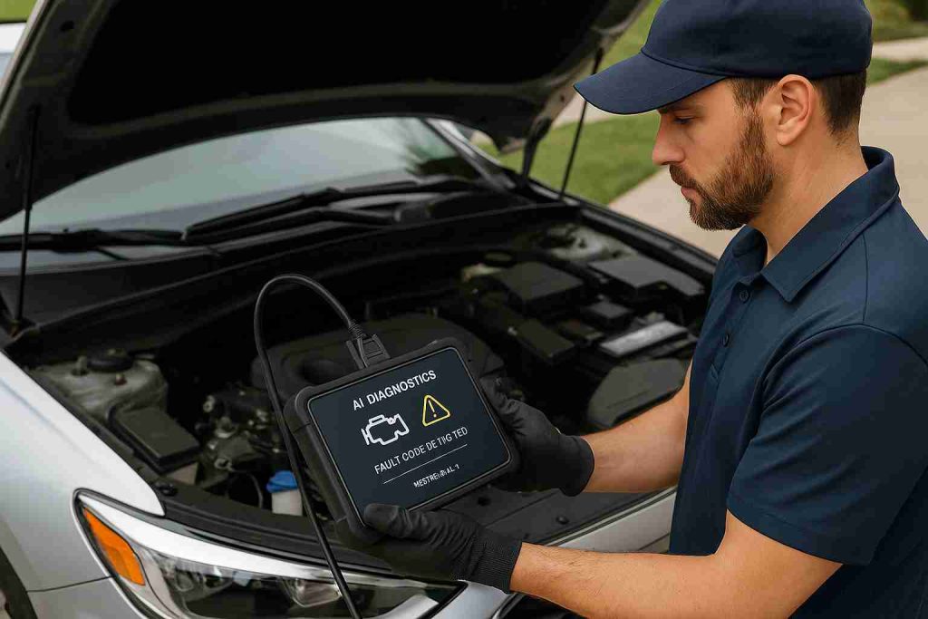 Mobile mechanic using AI Car diagnostic tool on a silver sedan in a residential driveway during daytime, showcasing fast and accurate car repair technology.