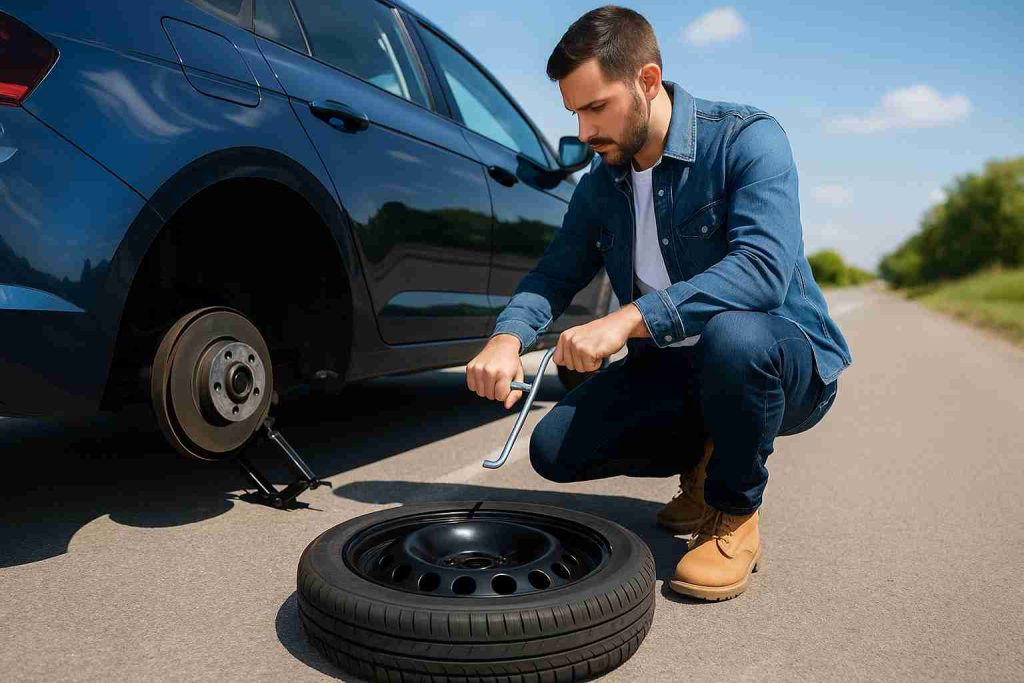 A man changing a flat tire on the side of the road on a sunny day, using a lug wrench and a scissor jack beside a blue sedan.