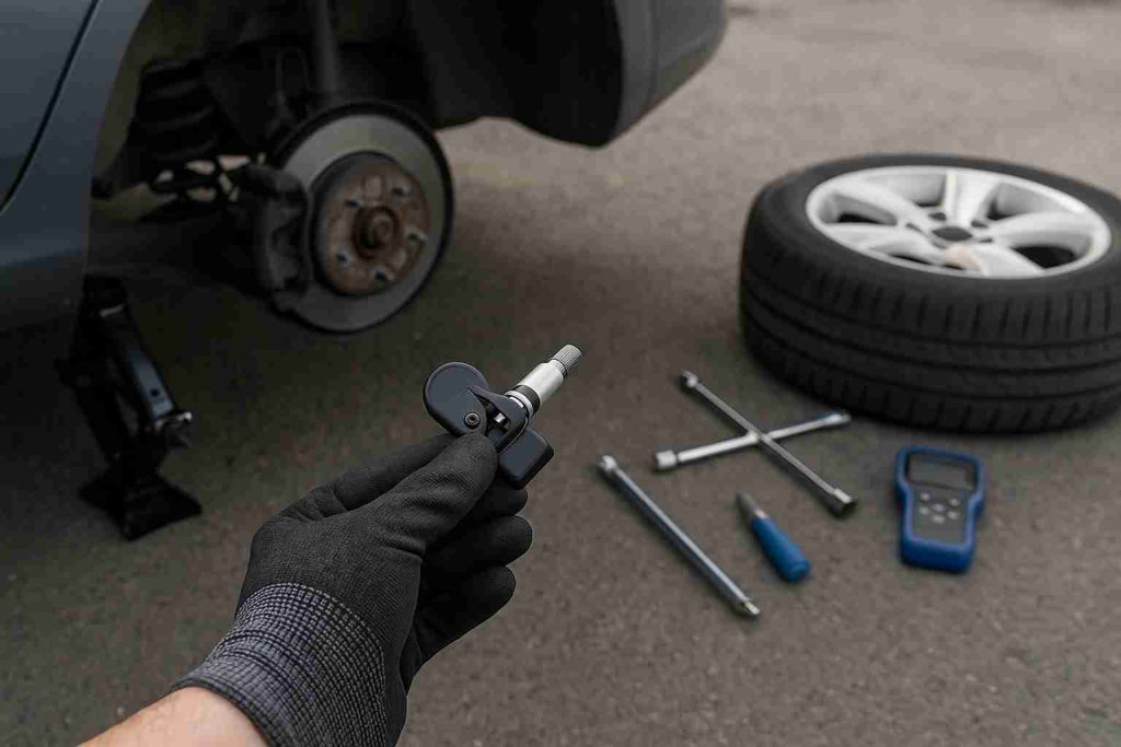 Gloved hand holding a TPMS sensor near a car with the wheel removed, tire and repair tools on the ground during sensor replacement in DeSoto