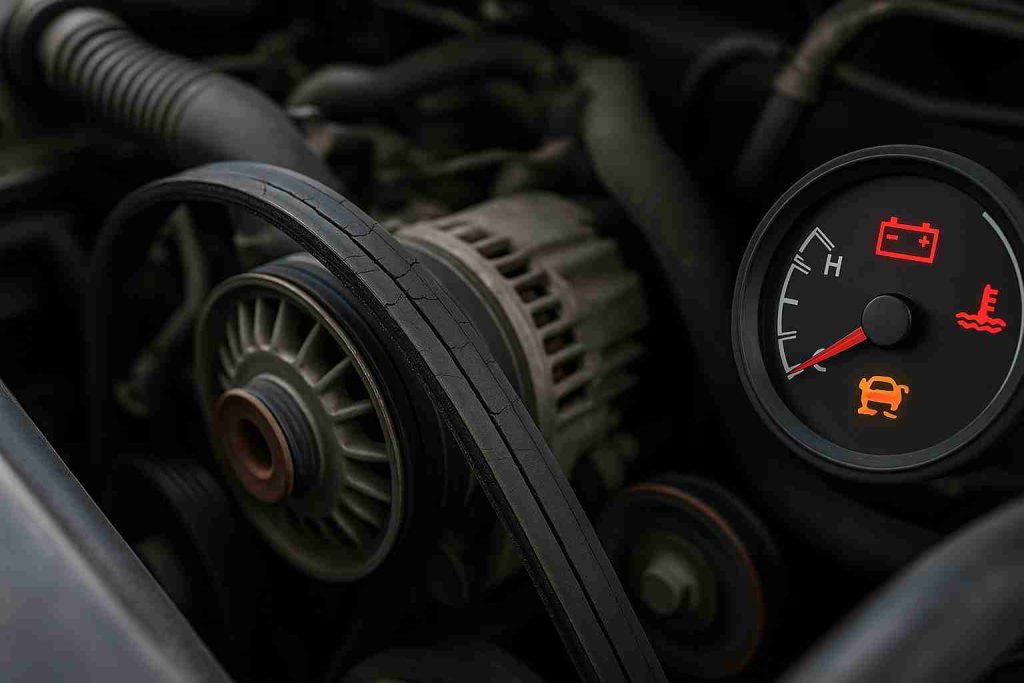 Close-up of cracked serpentine belt in engine with dashboard warning lights showing battery, overheating, and steering issues