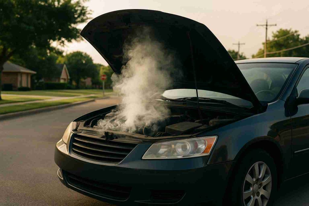 Open hood of a dark sedan with car burning smell from the engine bay on a quiet suburban street in DeSoto, Texas.