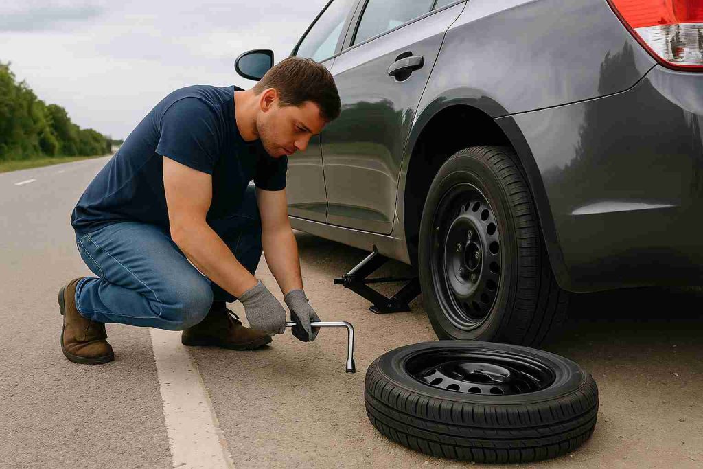 Man kneeling beside a silver sedan on the roadside using a lug wrench and jack to replace a flat tire without roadside assistance.
